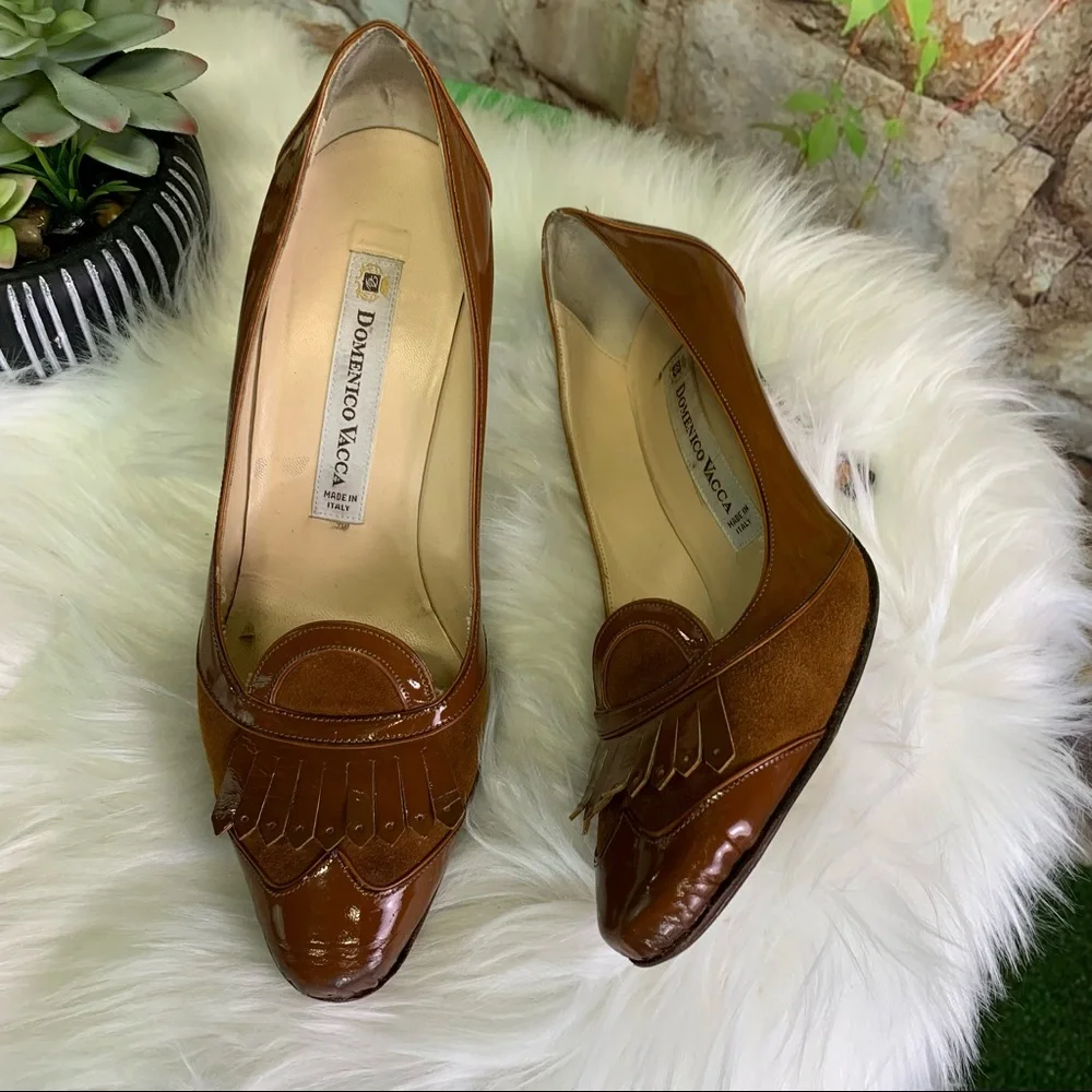 DOMENICO VACCA Italian Made Suede and Leather Burnt Caramel Kiltie Pumps, 38